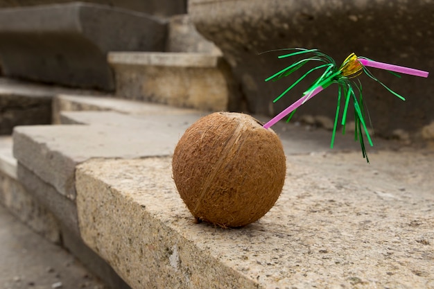 Coco com tubo de coquetel rosa