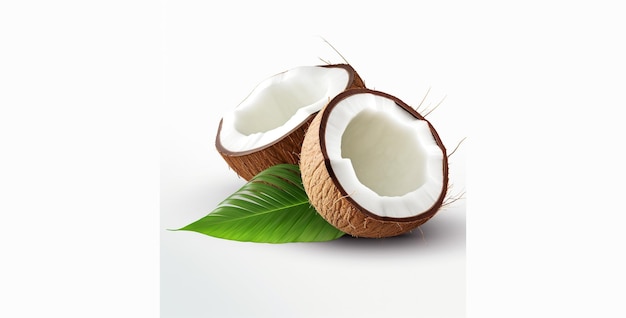coco cortado por la mitad aislado con hojas de coco con hojas verdes