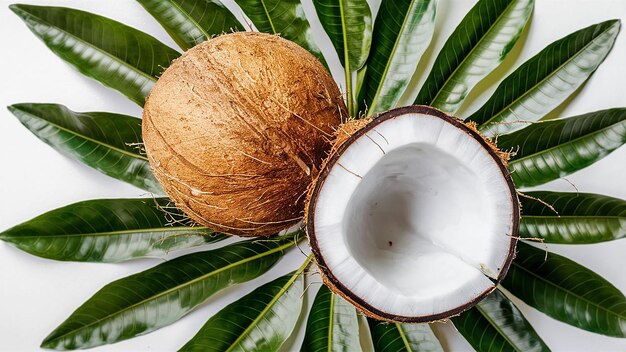 Coco cortado por la mitad y hojas verdes aisladas en la capa alfa