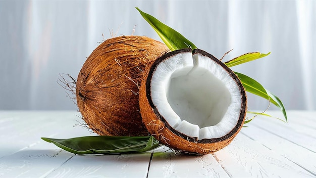 Coco cortado por la mitad y hojas verdes aisladas en la capa alfa