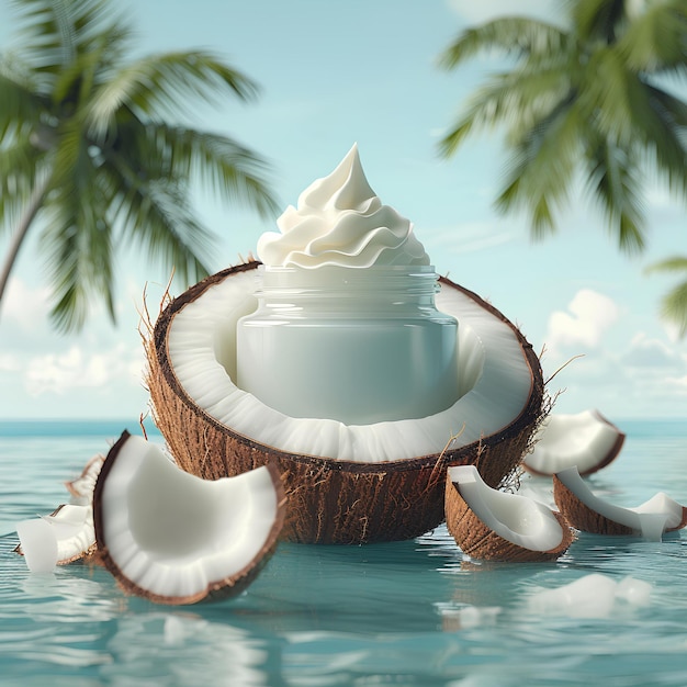 Un coco con una crema en él y algunos cocos a su alrededor en el agua con palmeras en el fondo