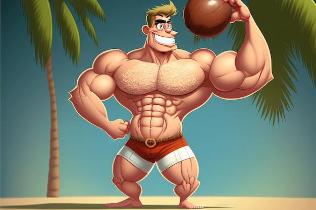 Foto coco cute hombre fuerte constructor de cuerpo súper músculo estilo de dibujos animados ilustración generativa ai