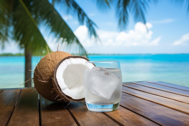Foto coco e bebida refrescante em um fundo de praia tropical