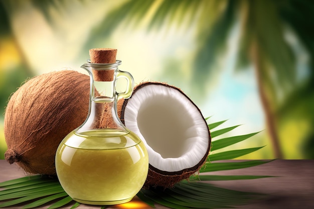 Coco e óleo de coco contra um fundo de coqueiros