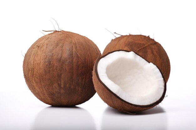 un coco entero y medio sobre una superficie blanca