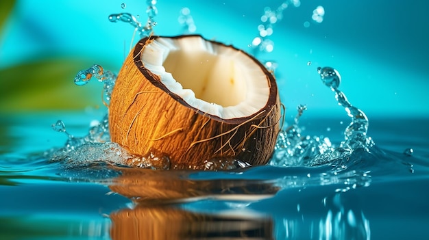 Coco exótico maduro cai na água com salpicos Generative Ai