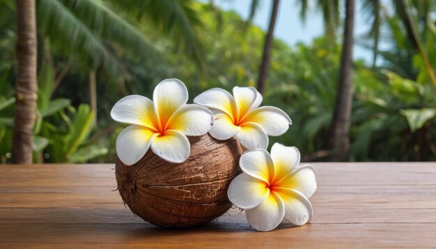 Coco y flores de plumeria en una playa tropical