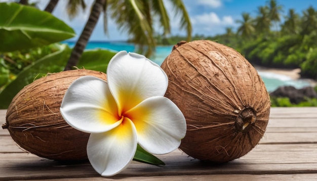 Coco y flores de plumeria en una playa tropical
