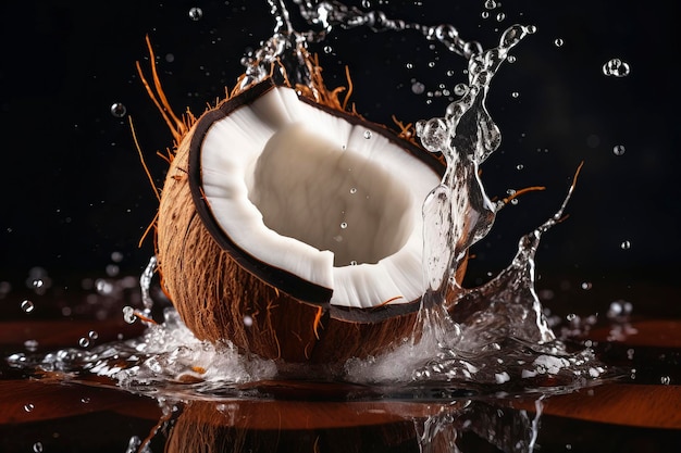 Coco fresco en el aire haciendo una salpicadura de agua que simboliza la vitalidad refrescante
