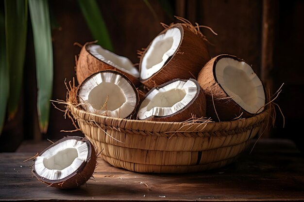 Coco fresco en una canasta Fruto de coco maduro