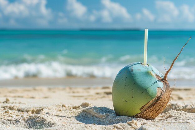 Foto coco fresco en una playa tropical con una paja