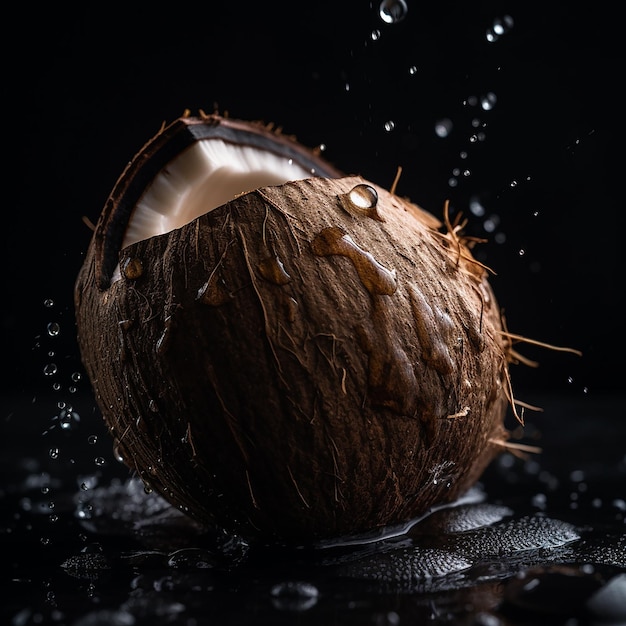 Un coco con gotas de agua