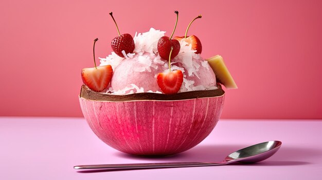 Coco lleno de ensalada de frutas en un fondo rosado generado por IA