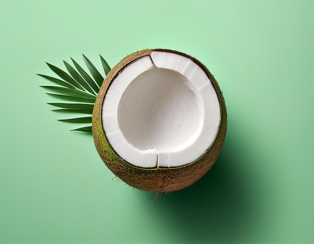 Coco marrón con hojas sobre fondo verde AI generativa