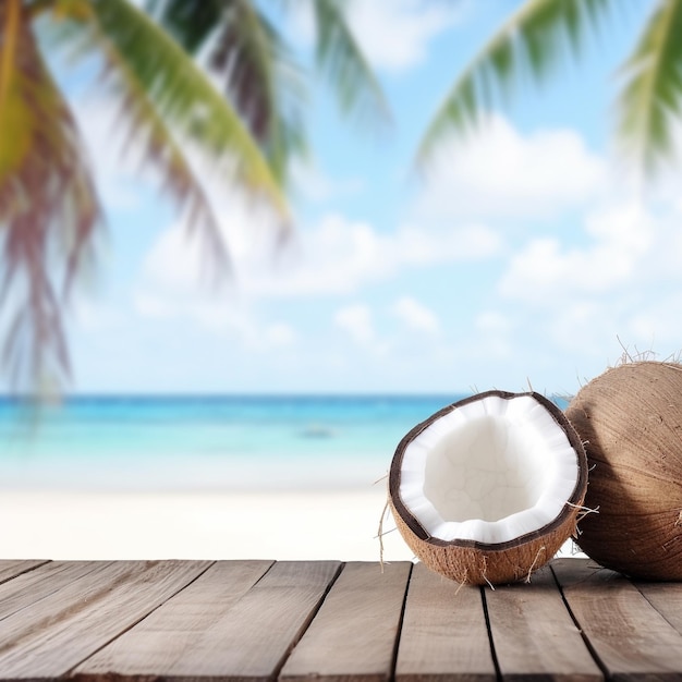 Coco na mesa de madeira sobre fundo de praia tropical com espaço de cópia