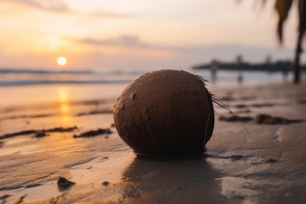 Coco na praia ao pôr do sol macro zoom Generative AI