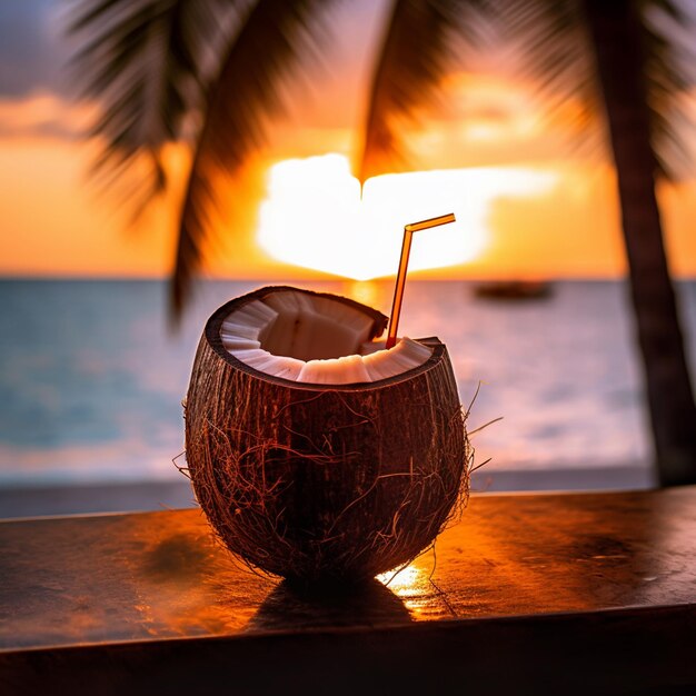 Un coco con una paja en él y una puesta de sol en el fondo