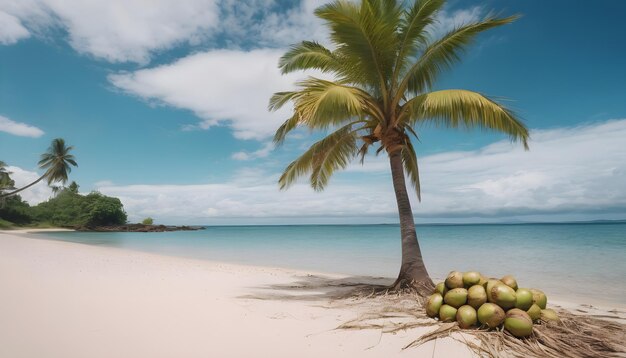 Un coco de palma en la playa de arena