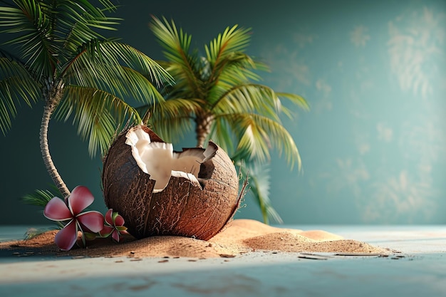 un coco con una palmera en el fondo y una palma en el medio