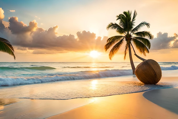 Un coco en una playa al atardecer.