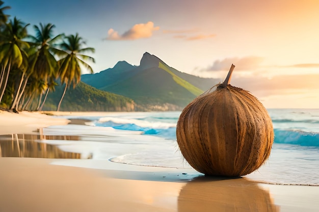 Un coco en una playa con montañas al fondo.