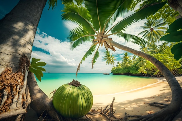 Un coco en una playa con una palmera en primer plano