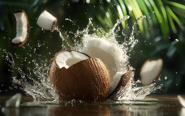 un coco que está siendo salpicado con agua