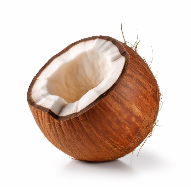 Un coco que se ha cortado y está medio pelado con un fondo blanco.