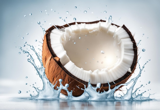 Coco roto con salpicaduras de leche Salpicaduras de leche de coco sobre un fondo azul claro IA generativa