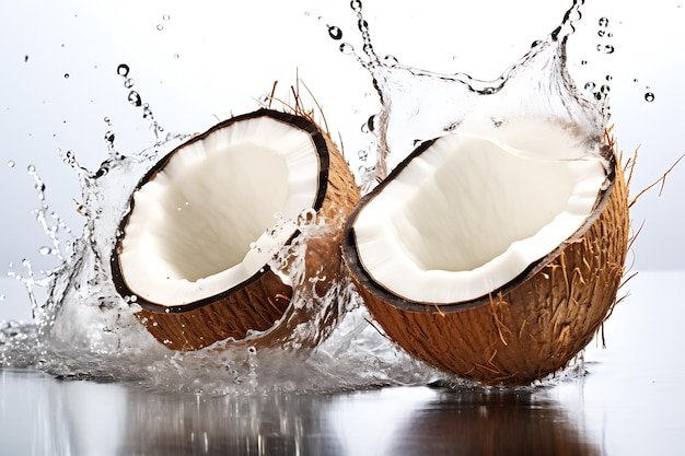 Coco con salpicaduras de agua aisladas en fondo blanco Camino de recorte