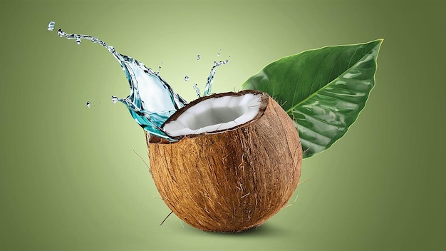 Un coco con un salto de agua y una hoja verde aislada sobre un fondo blanco