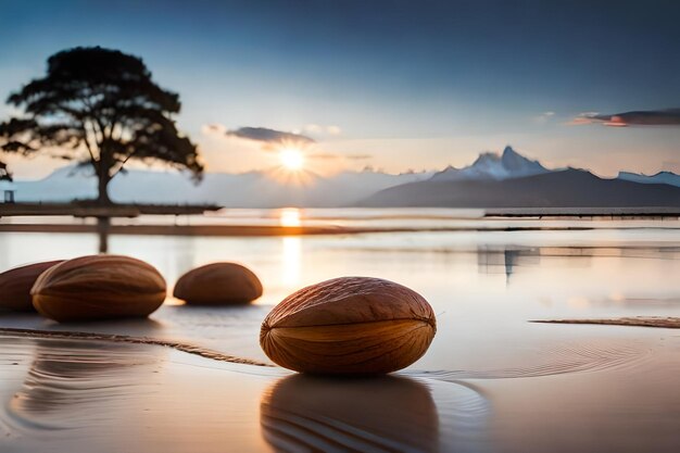 un coco se sienta en una playa con el sol poniéndose detrás de él.