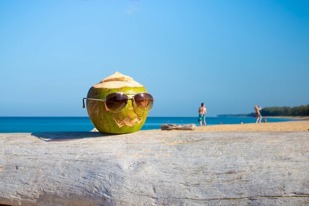 Coco verde como símbolo de halloween en forma de calabaza lleva gafas de sol se encuentra en la playa