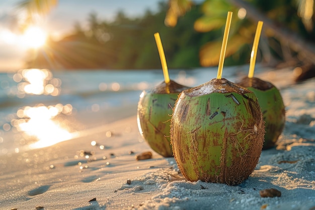 Coco verde tropical fresco en la playa fotografía profesional