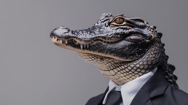 Un cocodrilo antropomórfico vestido con un traje negro contra un plano de fondo gris