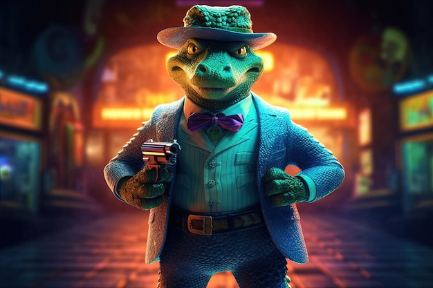 Cocodrilo de aspecto amenazante con un traje zoot y fedora sosteniendo una pistola Tommy y de pie frente a una ilustración de estilo de dibujos animados de discoteca iluminada con neón generativo ai