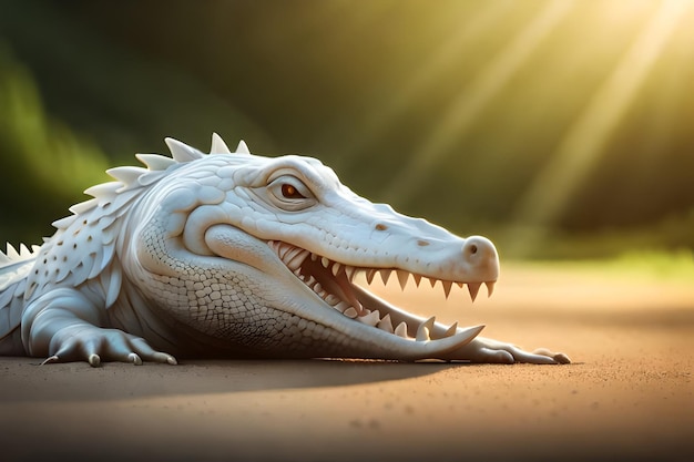 Un cocodrilo blanco con dientes afilados se sienta en una playa de arena.