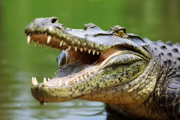 Foto cocodrilo con la boca abierta con un lago verde en el fondo verde