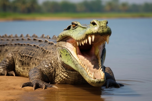 Foto cocodrilo con la boca abierta con un lago verde en el fondo verde