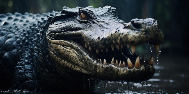 Un cocodrilo con la boca abierta en la lluvia