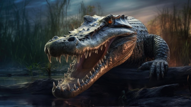 Un cocodrilo con una boca grande y una boca grande está en el agua.