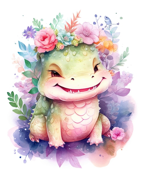 Cocodrilo chibi feliz lindo acuarela de ensueño con fondo de cuento de hadas florido generat ai