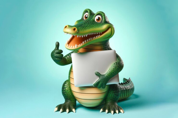 Foto cocodrilo con computadora portátil que muestra los pulgares hacia arriba en fondo de color