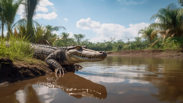 Foto un cocodrilo descansa al borde de un río en la selva amazónica