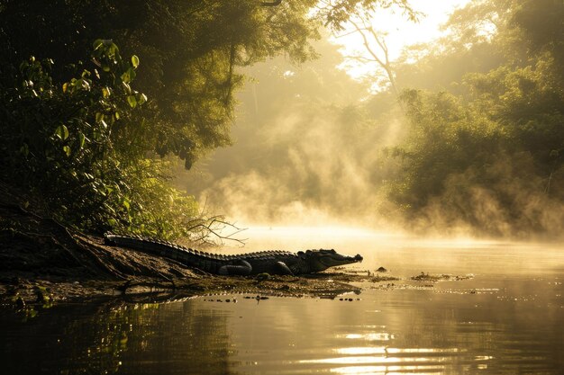 Un cocodrilo descansando en una orilla iluminada por el sol con niebla que se eleva desde la superficie de las aguas