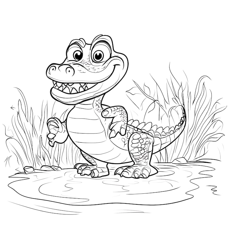 Foto un cocodrilo de dibujos animados está de pie en el agua con un pez