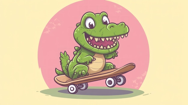 Un cocodrilo de dibujos animados sonriendo y montando en una patineta