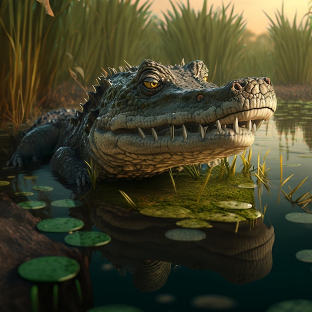 Un cocodrilo está tumbado en el agua junto a un estanque con nenúfares.