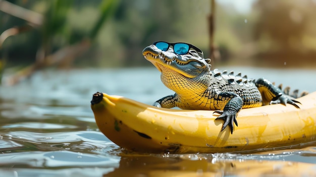 Un cocodrilo con gafas de sol está flotando en un plátano en el agua El cocodrillo parece muy relajado y está disfrutando del sol