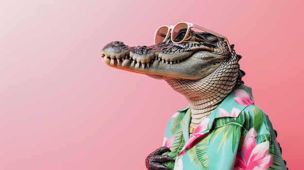 Foto un cocodrilo genial con gafas de sol y una camisa hawaiana está posando sobre un fondo rosado el cocodrillo está mirando a la derecha del cuadro